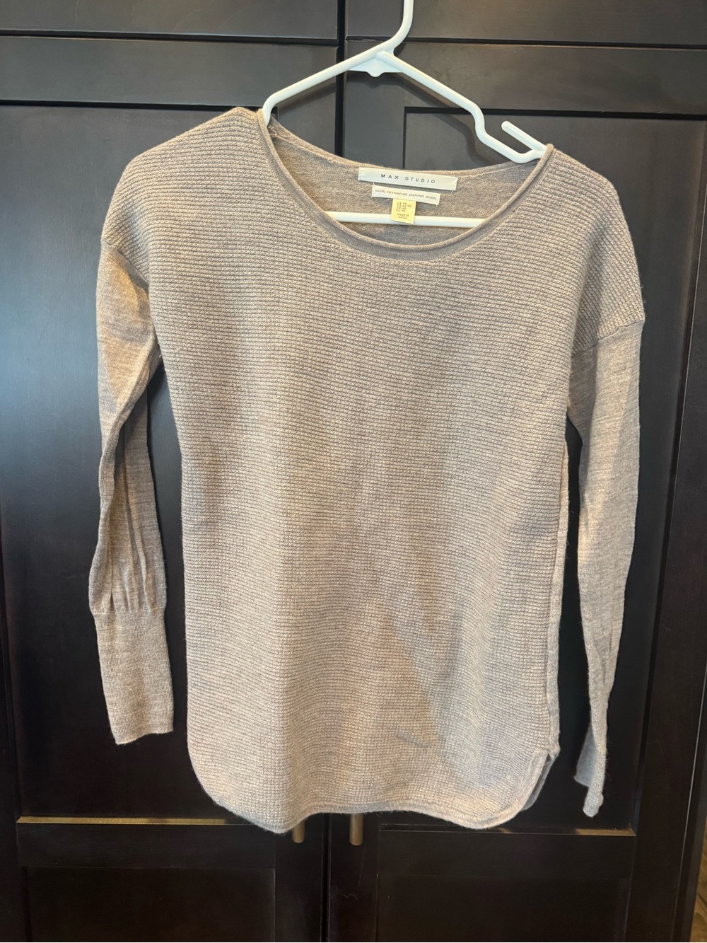Max Studio Merino Wool Taupe Ribbed Crewneck Sweater